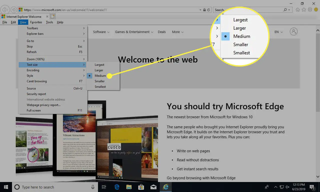 En skärmdump av Internet Explorer med alternativet Textstorlek markerad