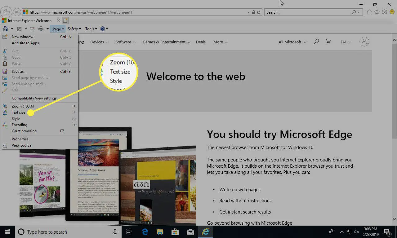 En skärmdump av Internet Explorer med menyalternativet Textstorlek markerad