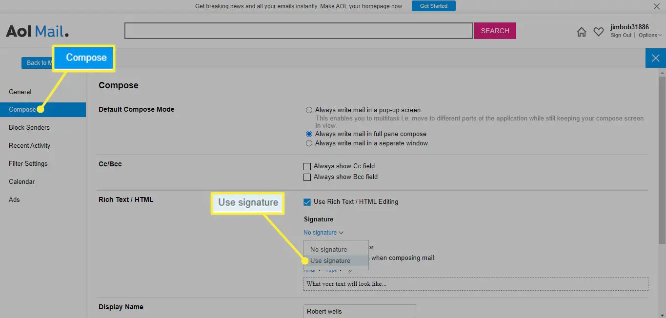 Skapa och använd signatur i AOL Mail Settings