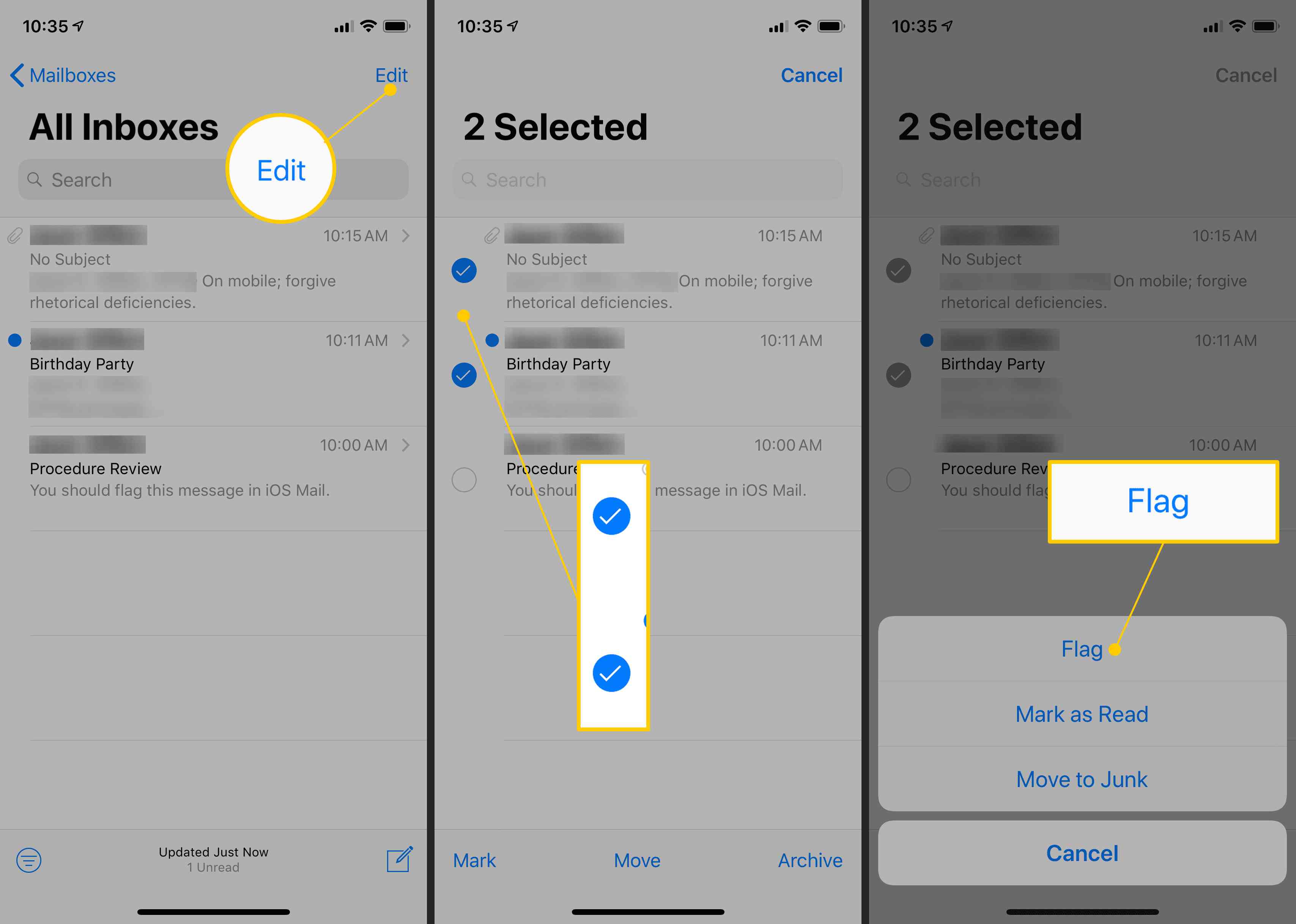 Redigeringsknapp, kryssrutor för enskilda e -postmeddelanden, flaggknapp i iOS Mail -appen