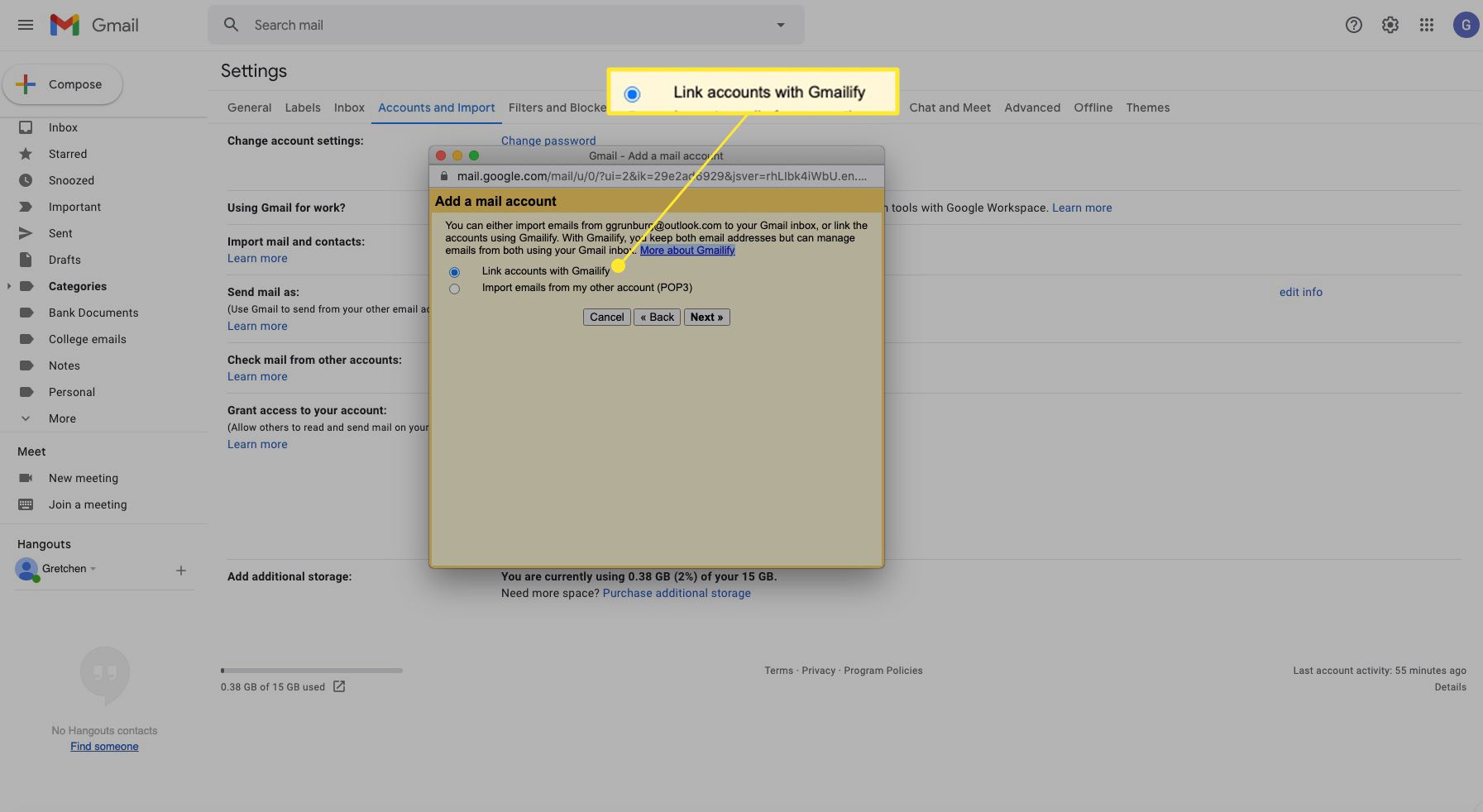 Gmail -migreringsfönster med "Länk konto med Gmailify" markerat
