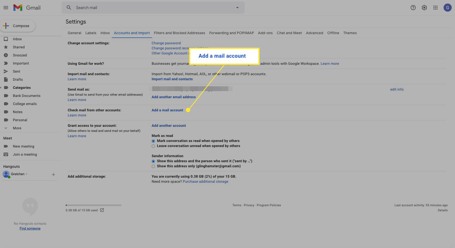 Gmail -kontoinställningar med "Lägg till ett e -postkonto" markerat