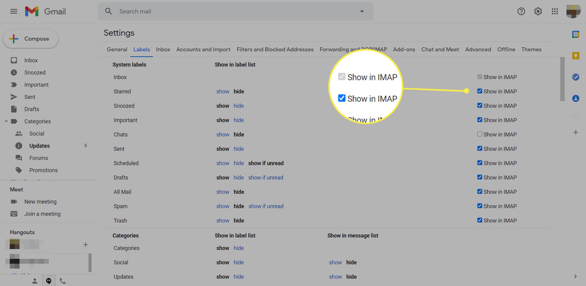 Inställningar för Gmail -etiketter med 