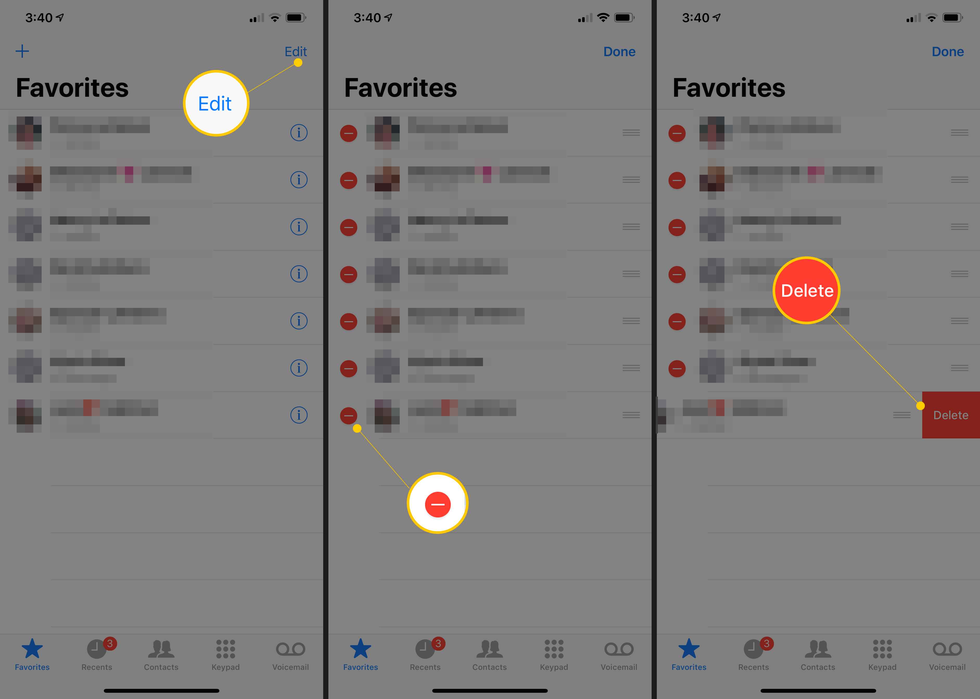 Redigera -knapp, minus -knapp och Radera -knapp i Favoriter på iPhone