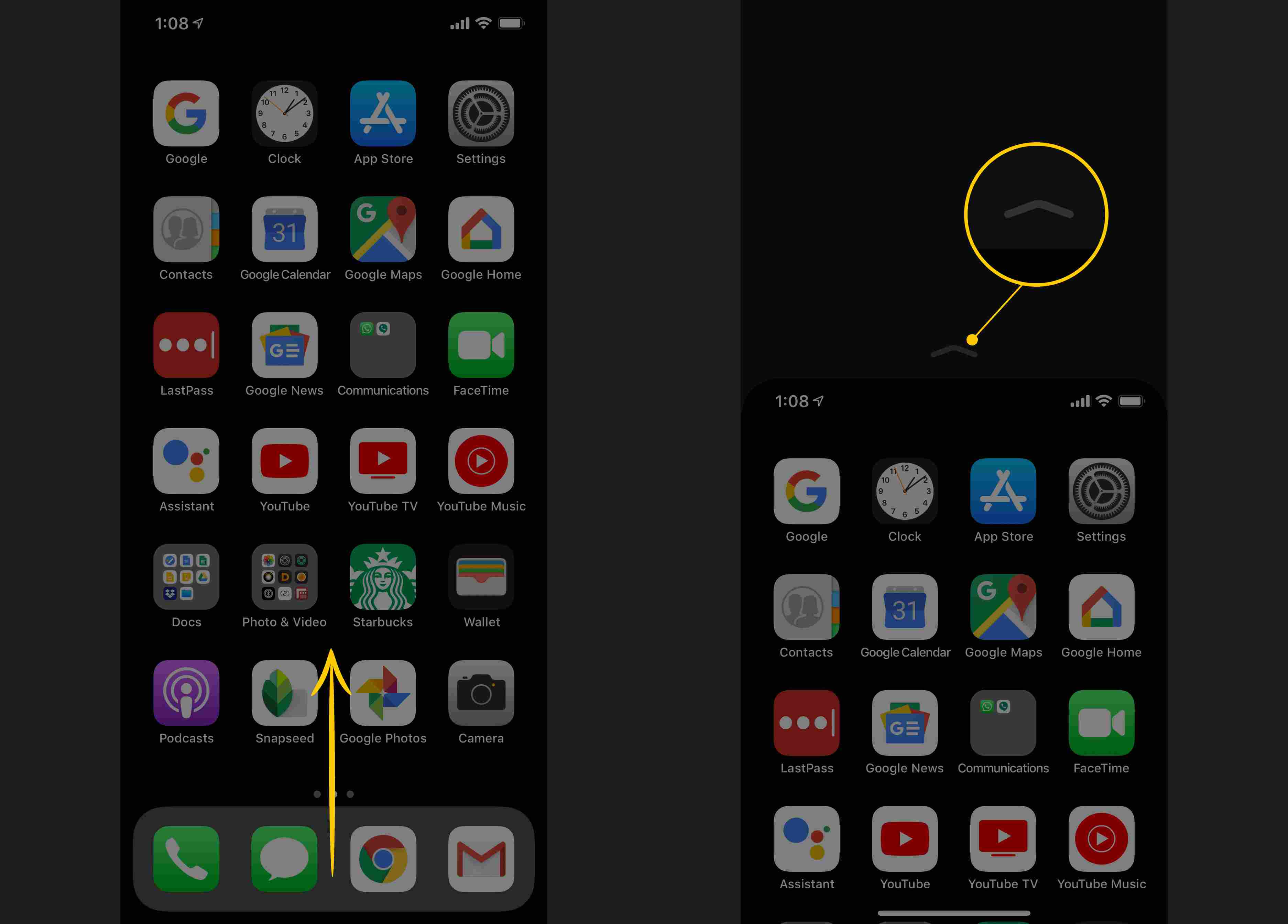 Svep upp på Dock, karat högst upp på skärmen på iPhone X