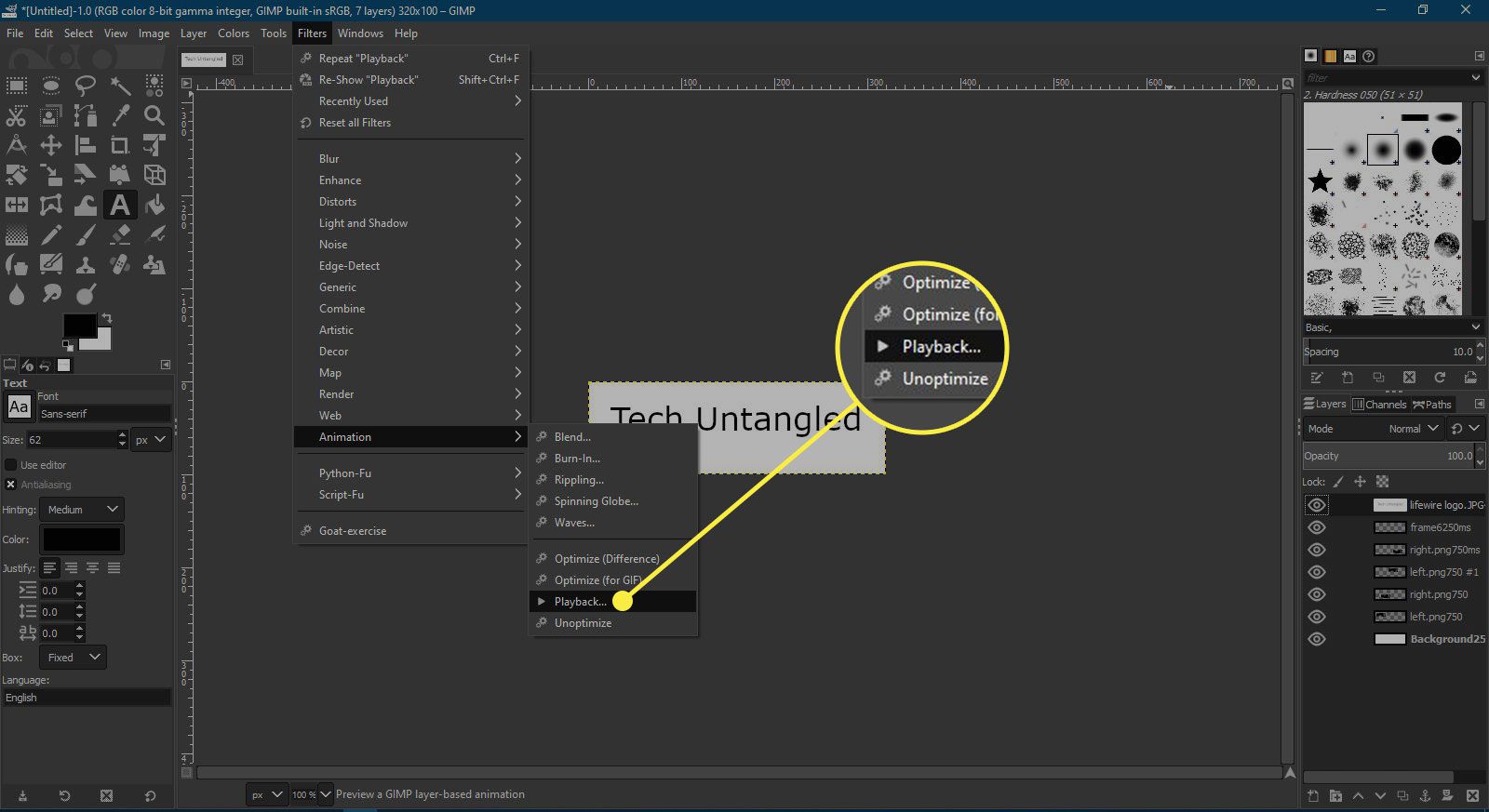 En skärmdump av GIMP med uppspelningskommandot markerat