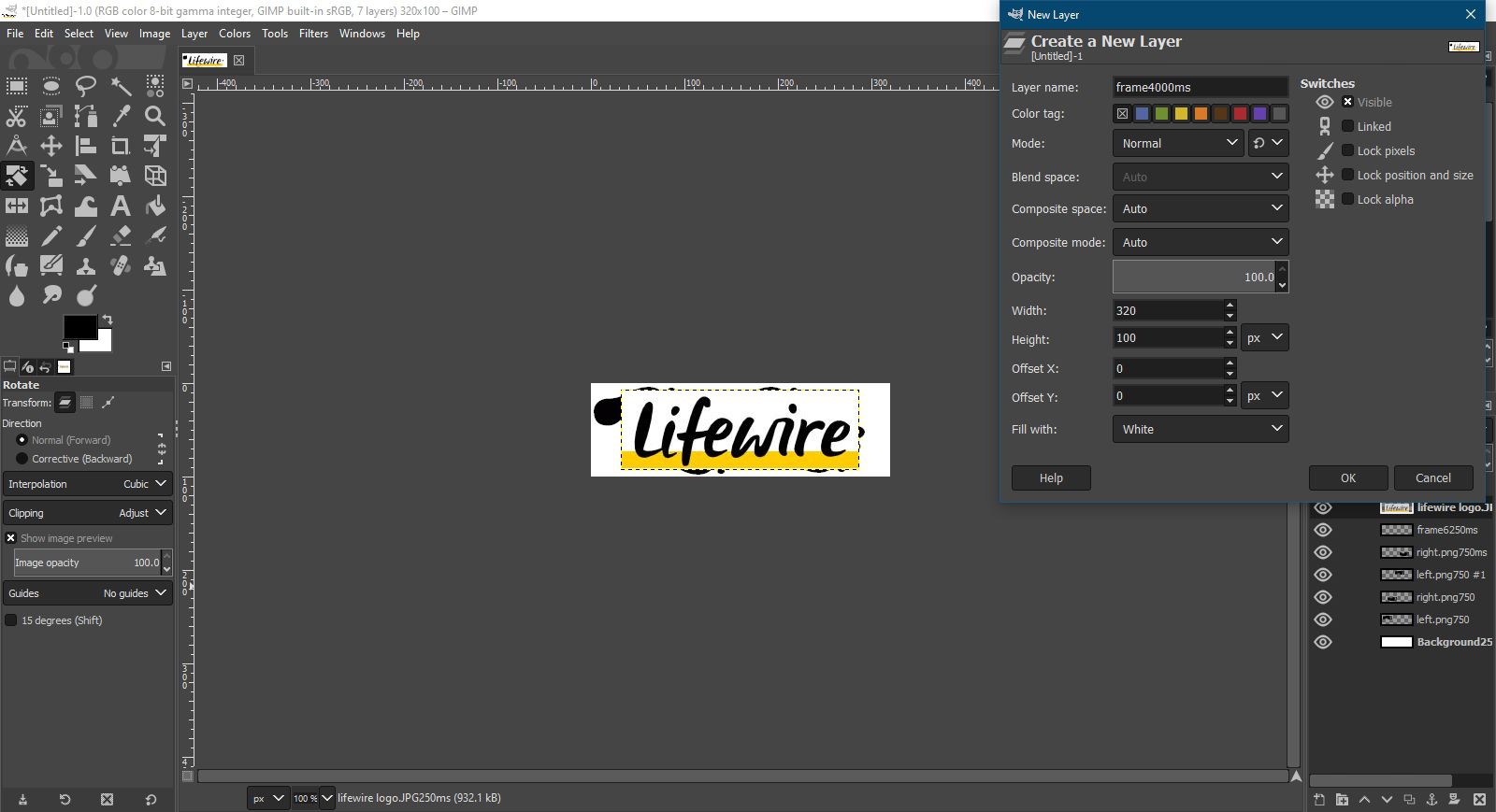 Lägga till Lifewire -logotypen till animationen i GIMP.