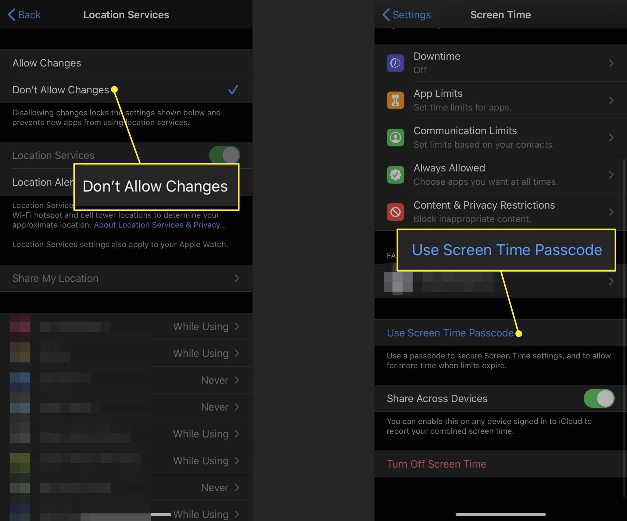 Skärmdumpar på iPhone som visar "Tillåt inte ändringar" och "Använd lösenord för skärmtid" kommandon markerade