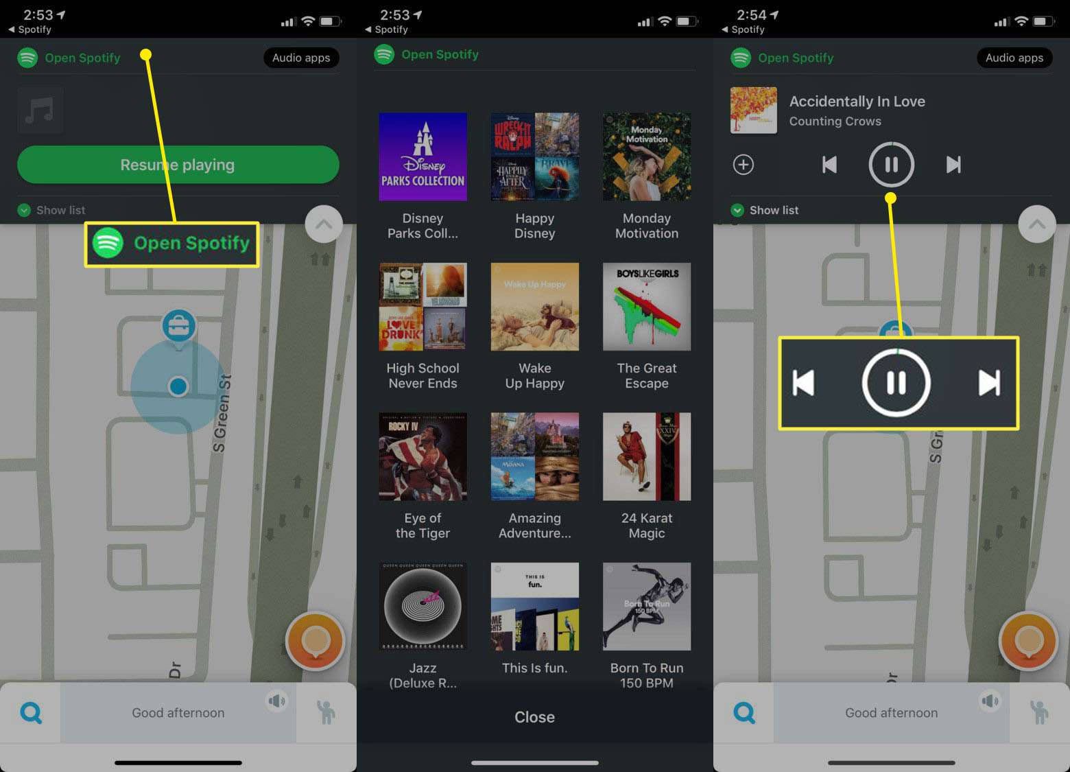 Spotify -menyn i Waze enkel navigering hoppa över låtar paus