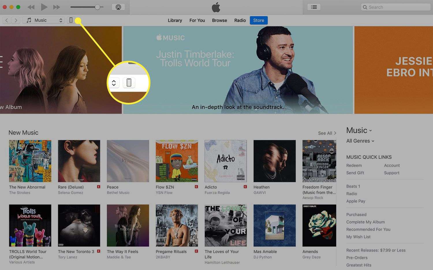 iTunes på Mac med iPhone -ikonen markerad