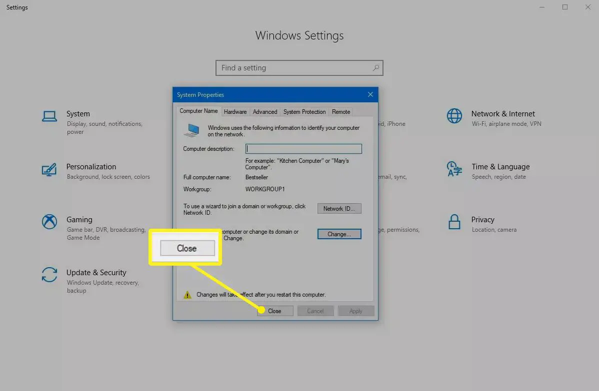 Stäng -knappen i Windows 10 -inställningar