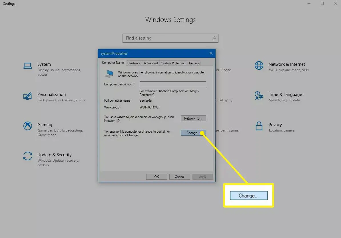 Ändra -knappen i Systemegenskaper för Windows 10