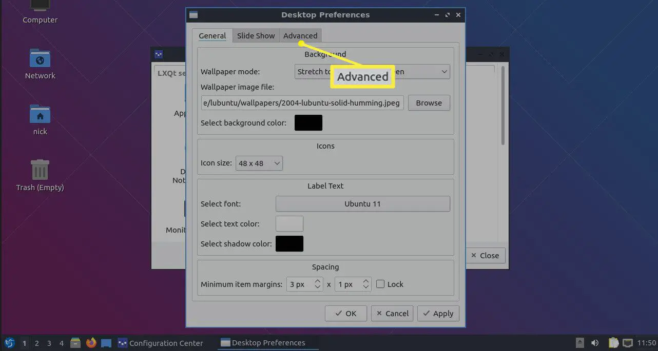 Lubuntu Desktop Preferences med fliken Advanced markerat