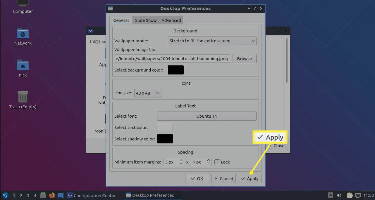 Lubuntu Desktop Preferences -skärmen med Apply markerad
