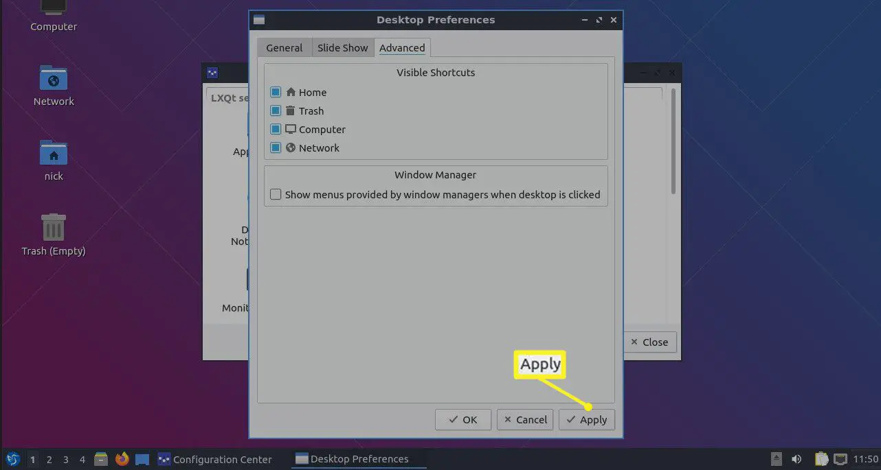 Synliga genvägar i Lubuntu Desktop Preferences