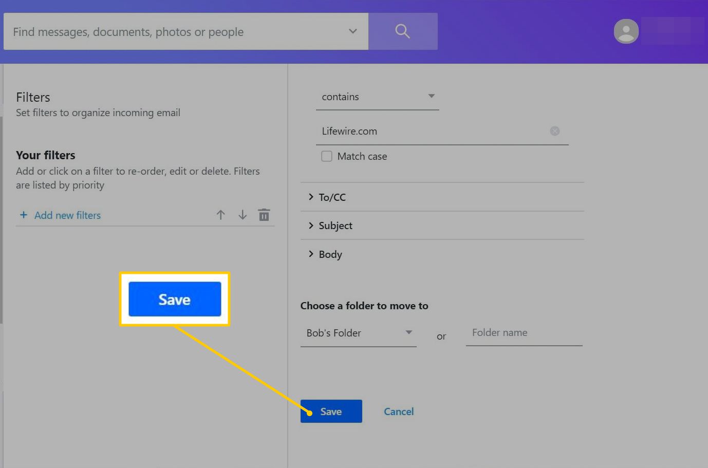 Spara -knappen i Yahoo Mail -filter