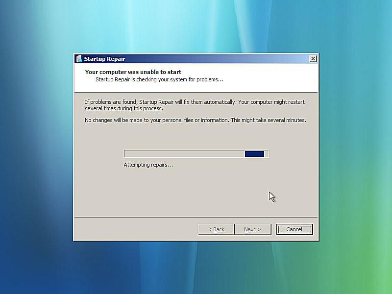 En skärmdump av reparationsproblem för reparation av Windows Vista