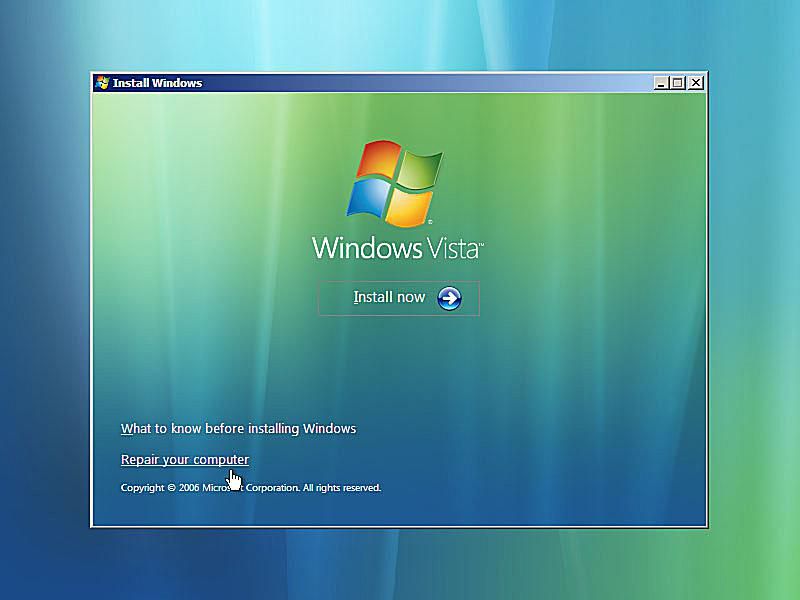 En skärmdump av Windows Vista Startup Repair Your Computer Link