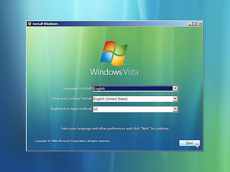 En skärmdump av Windows Vista startreparation som ber om språk och andra inställningar