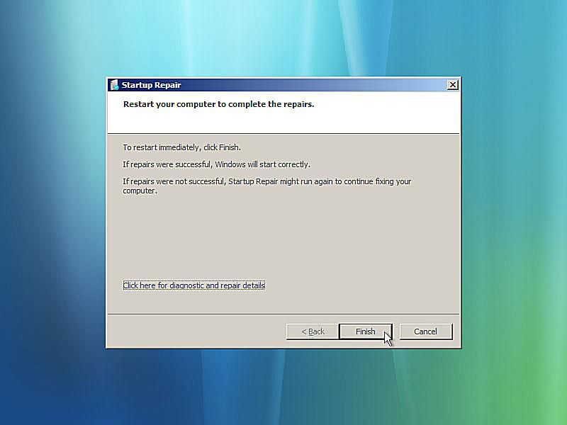 En skärmdump av Windows Vista startreparation som slutförts