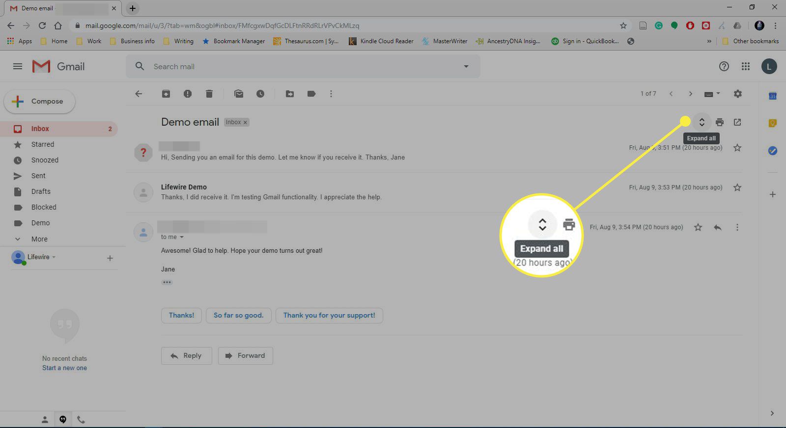 En skärmdump av en konversation i Gmail med knappen Expandera markerad