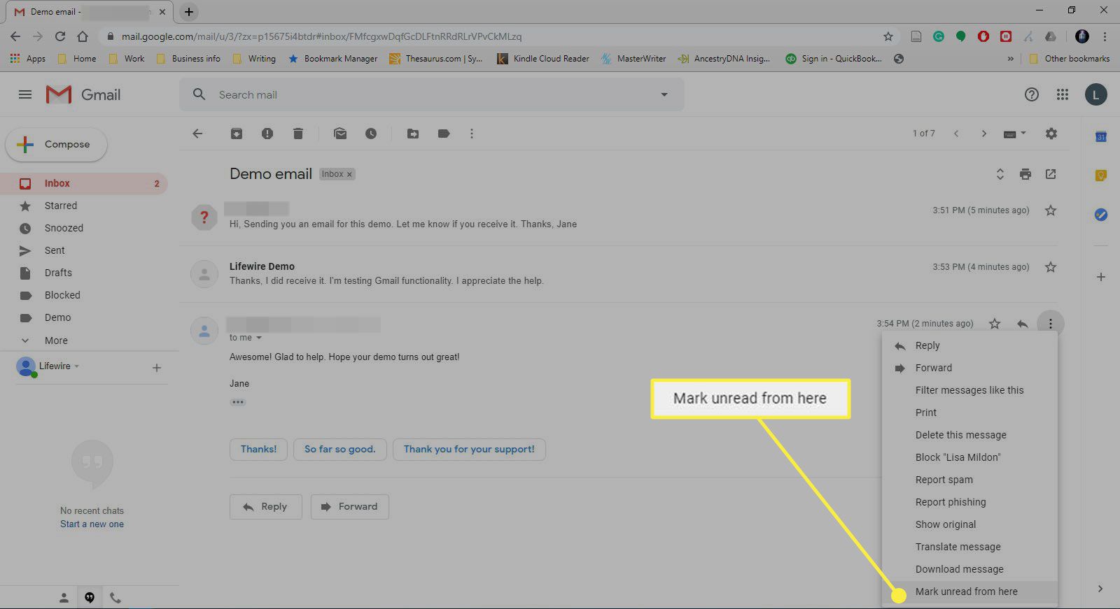 En skärmdump av Gmail med kommandot "Markera oläst härifrån" markerat