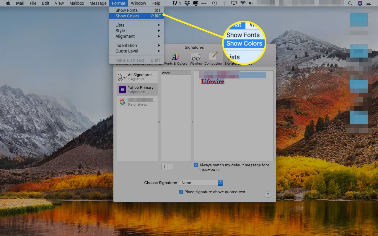 Apple Mail med alternativet Visa färger under menyn Format markerad