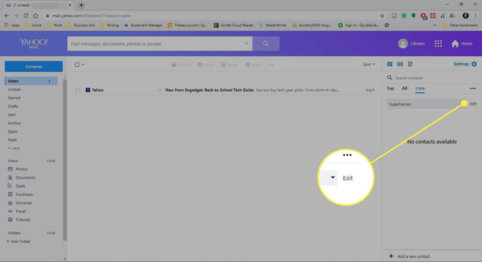 En skärmdump av listskärmen i Yahoo Mail med knappen Redigera markerad