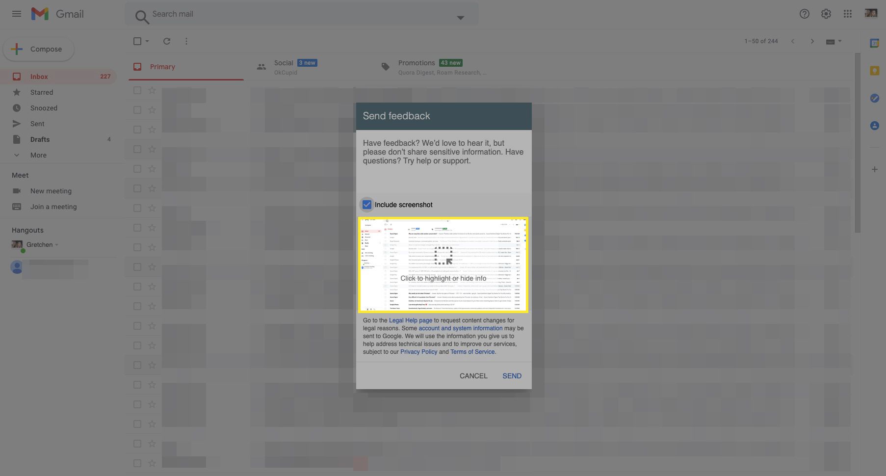 Gmail -feedbackskärm med "Klicka för att dölja eller markera information" markerad