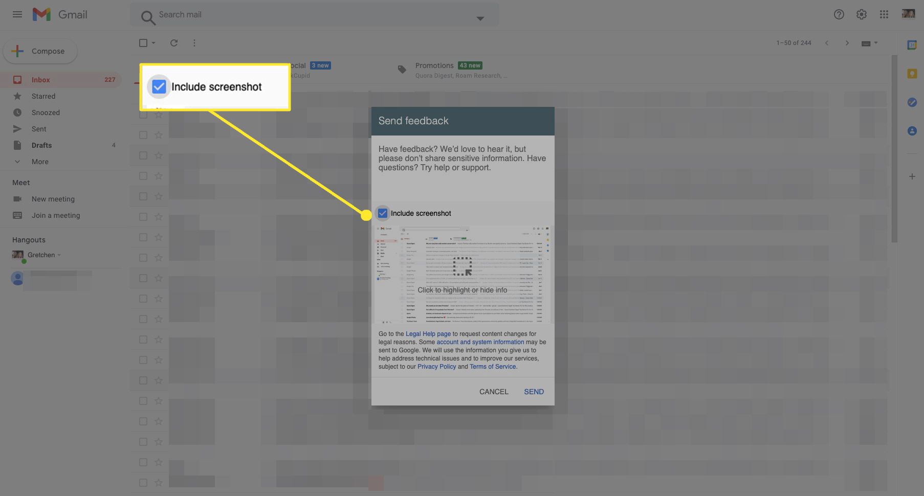 Googles feedbackfönster i Gmail med Inkludera skärmdump markerad