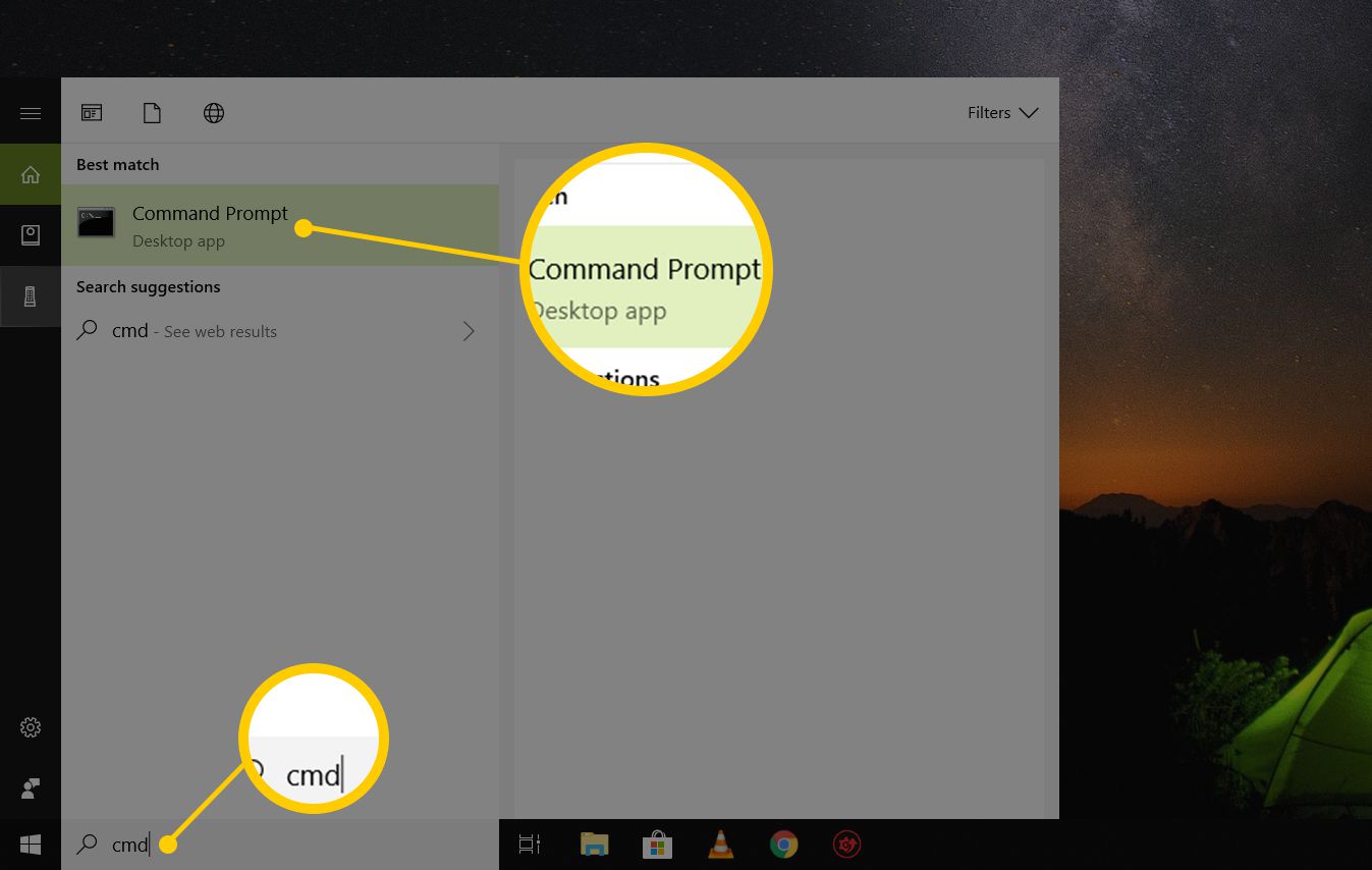 Skärmdump av kommandotolken och cmd -söktermen i Windows 10