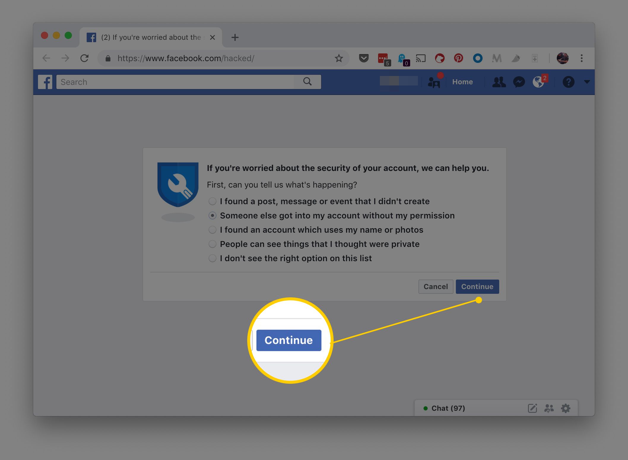 Facebook -sida för dem som är oroliga att de har hackats och visar alternativ och Fortsätt -knappen