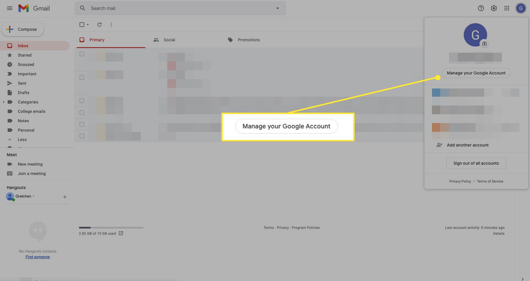Google -inställningar med Hantera ditt Google -konto markerade