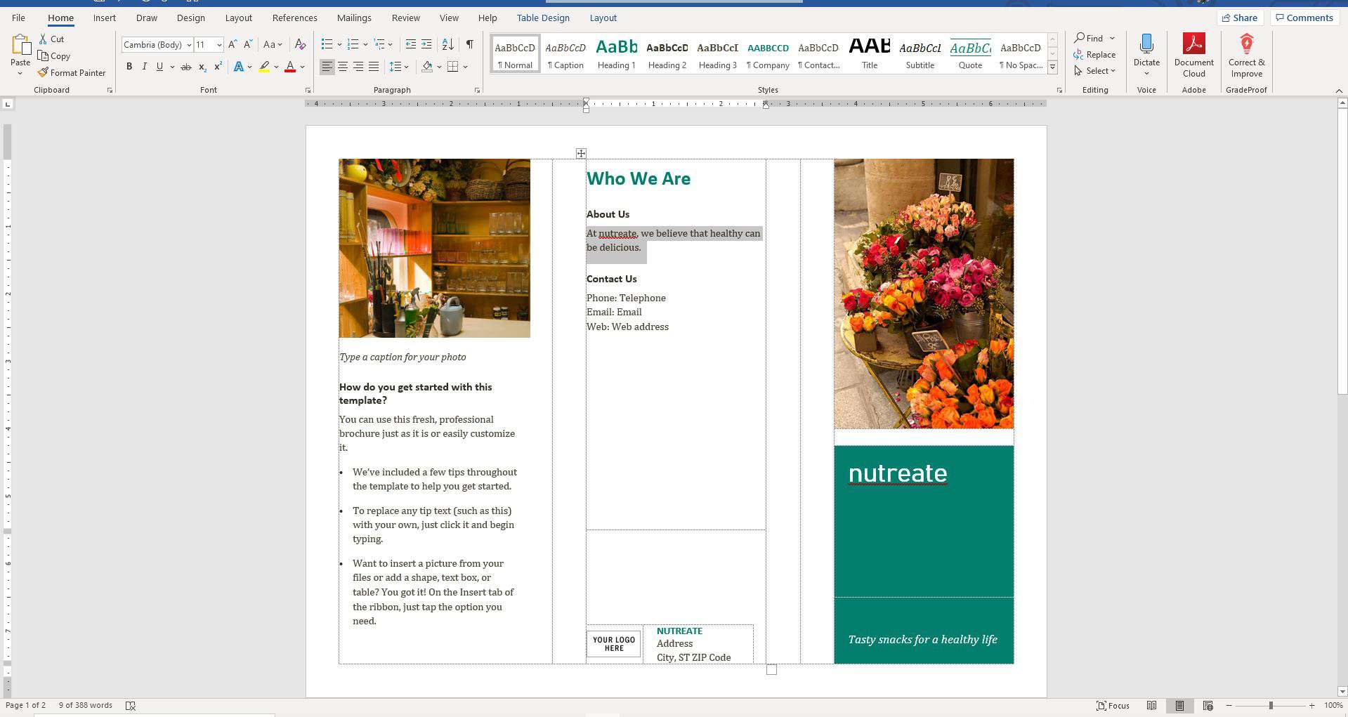 Skärmdump av textrutor i Word -broschyrmall