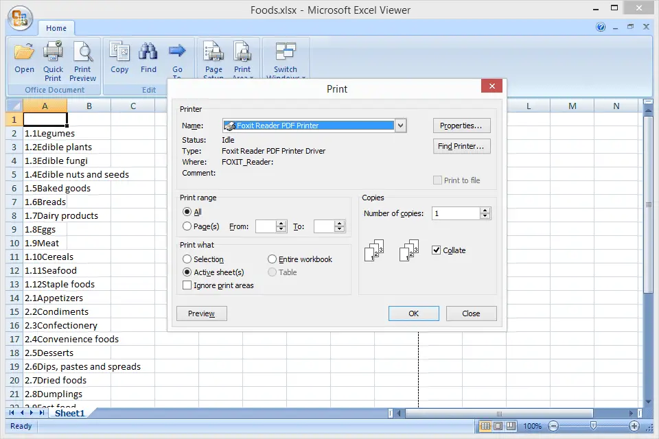 Skärmdump av en PDF -skrivare som används med Microsoft Excel Viewer