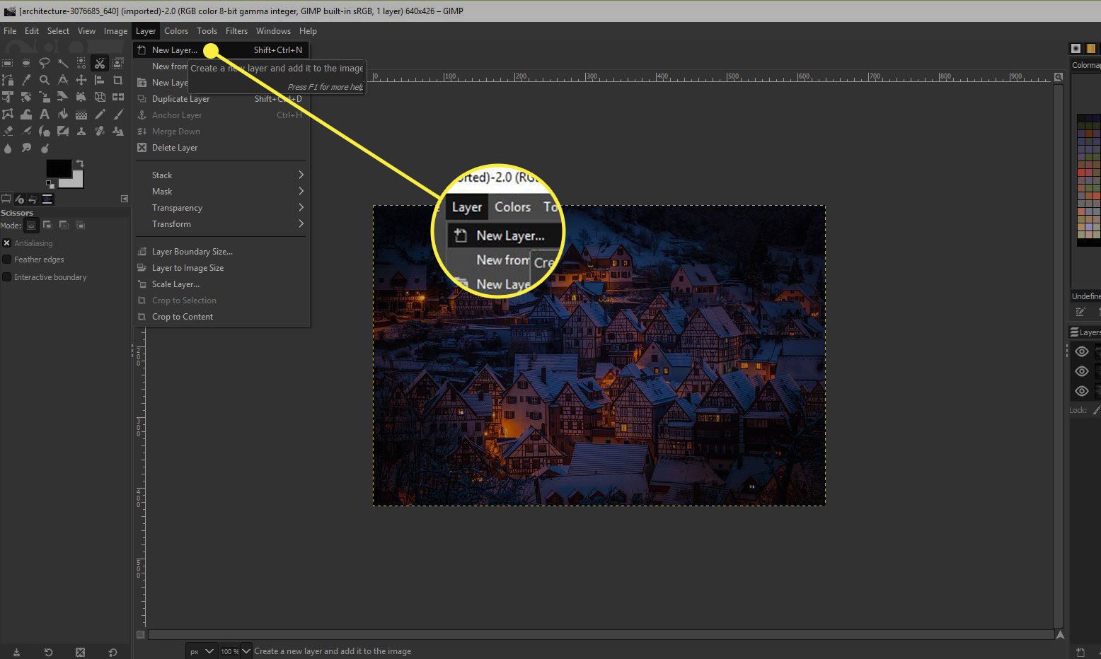 En skärmdump av GIMP med kommandot Nytt lager markerat
