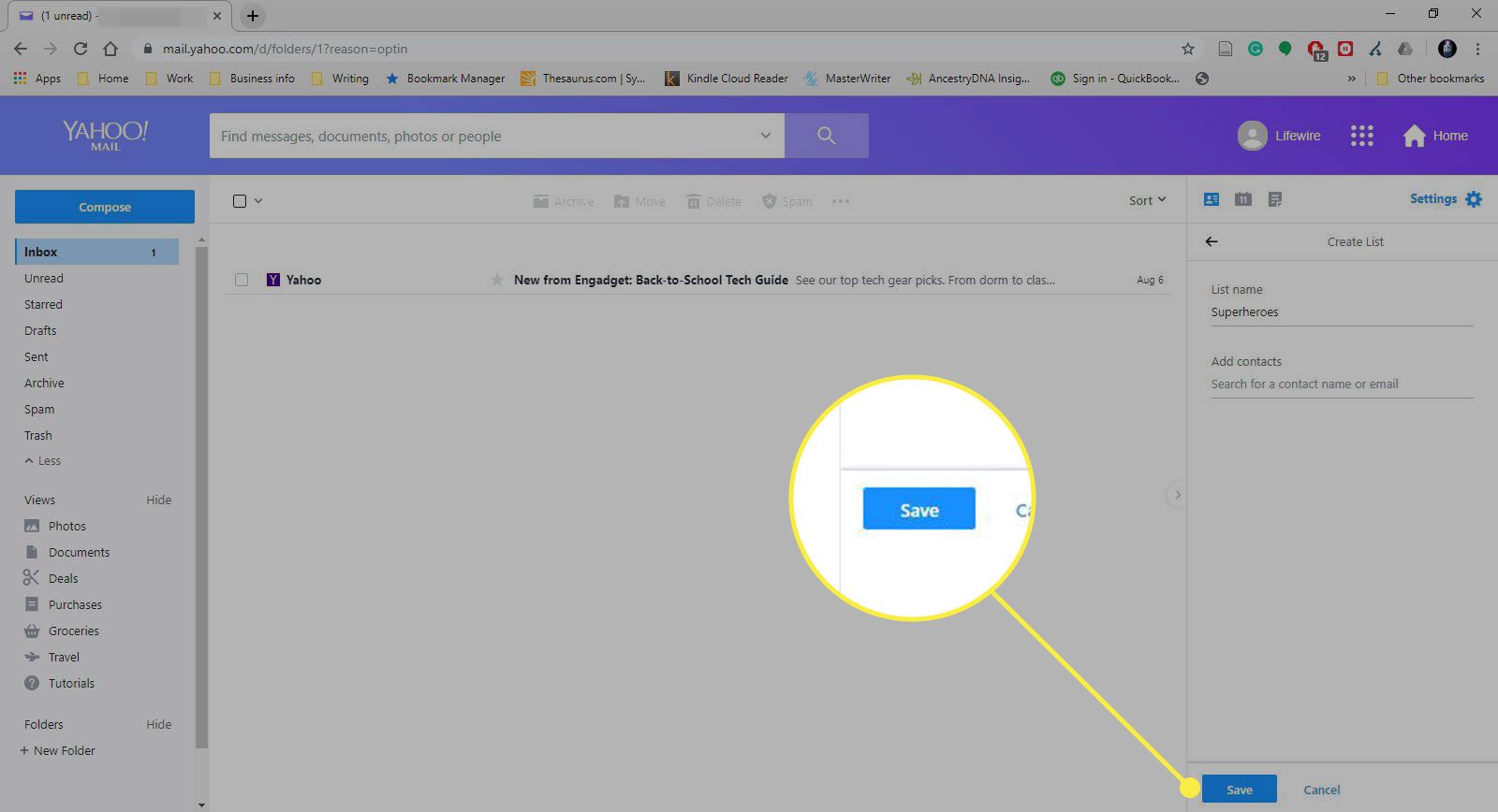 En skärmdump av en lista i Yahoo Mail med knappen Spara markerad