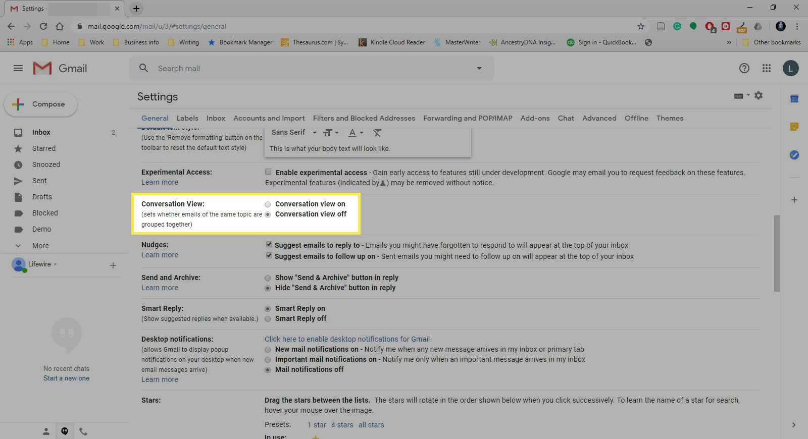 En skärmdump av Gmail -inställningarna med avsnittet Konversationsvy markerat