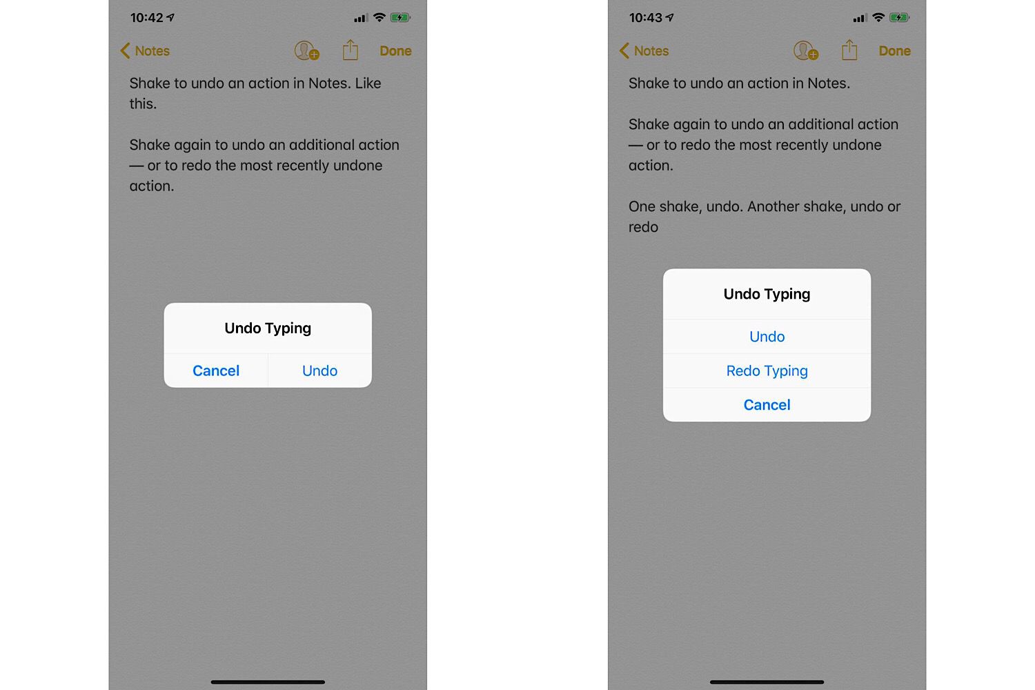 Två skärmdumpar på iPhone: (vänster) Visar "Ångra skrivning" med alternativ för Avbryt och Ångra, (höger) Visar "Ångra skrivning" med Ångra, Återställ skrivning och Avbryt.