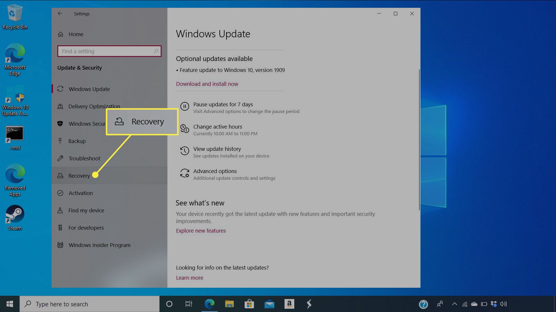 Återställning i inställningarna för Windows Update