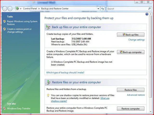 Windows Vista Backup och återställningscenter