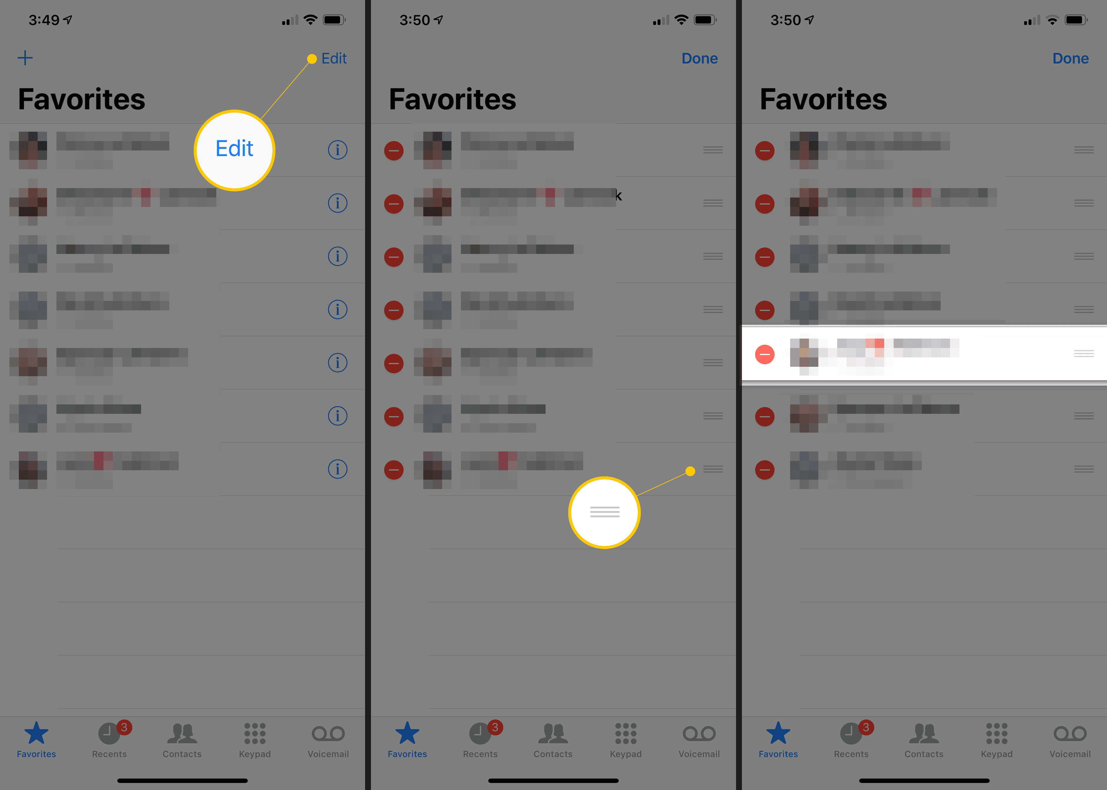 Knappen Redigera, ikonen som flyttas och den flyttade kontakten på iPhone: s favoritskärm