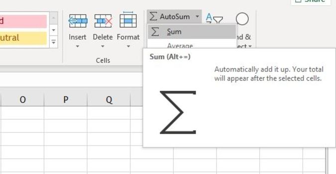 AutoSum på Excel -menyfliksområdet