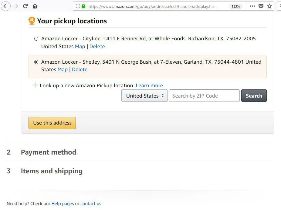 Skärmdump av konfigurerade Amazon pickup -platser