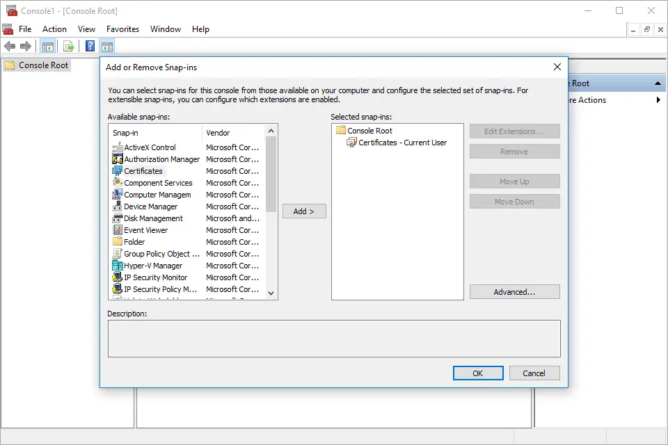 Skärmdump av certifikat MMC Snap-in i Windows 10