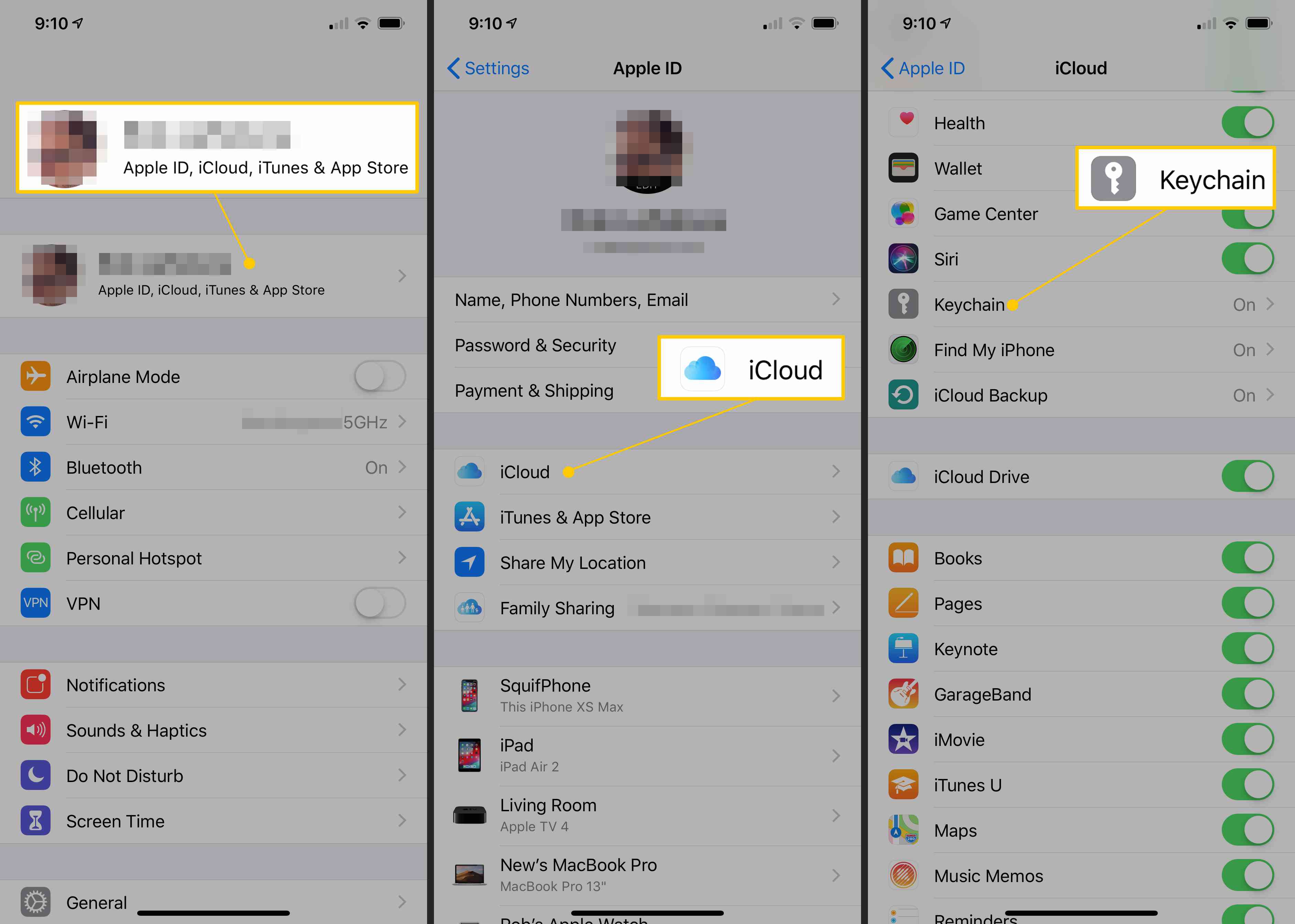 Apple ID, iCloud, nyckelringsknappar i iOS -inställningar