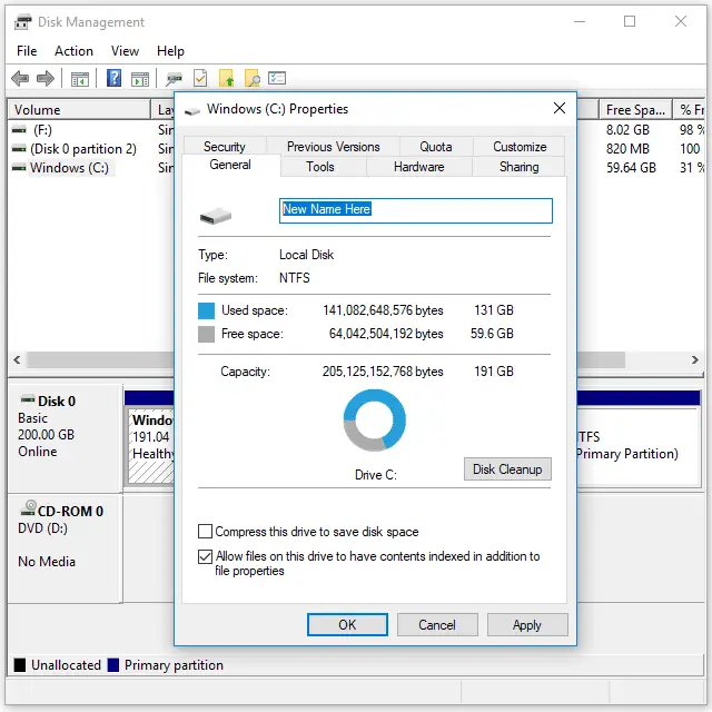 Skärmdump som visar hur man ändrar volymetiketten från Diskhantering i Windows 10