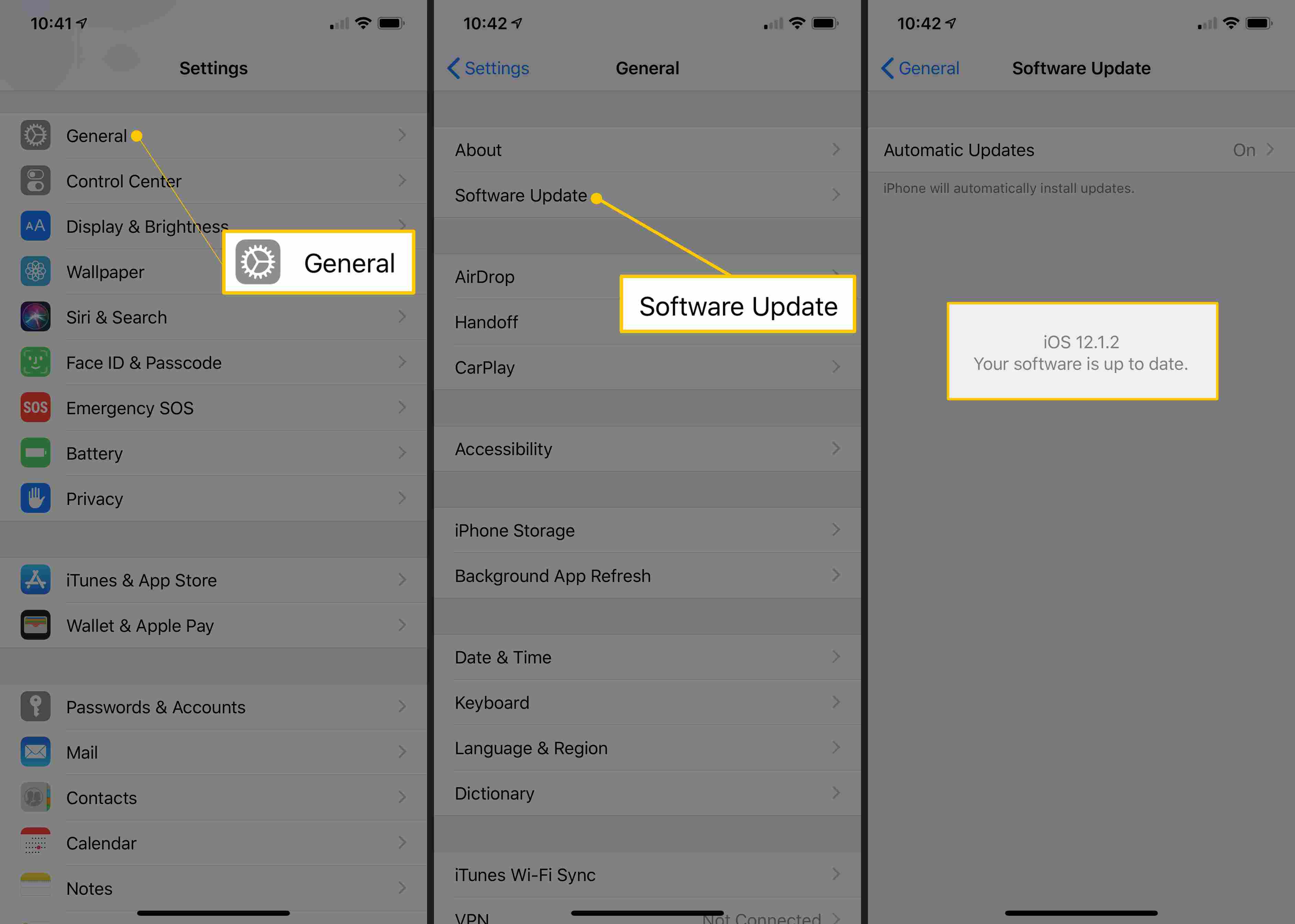 iOS -skärmar som visar Allmänt, Programuppdatering och iOS 12.1.2