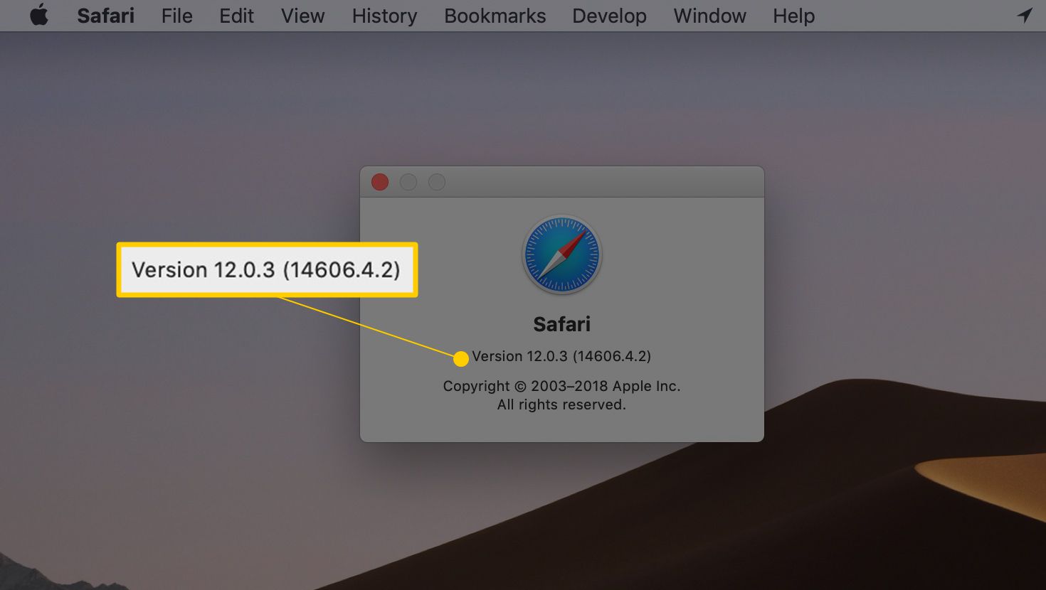 Fönstret Safari version 12.0.3 i macOS