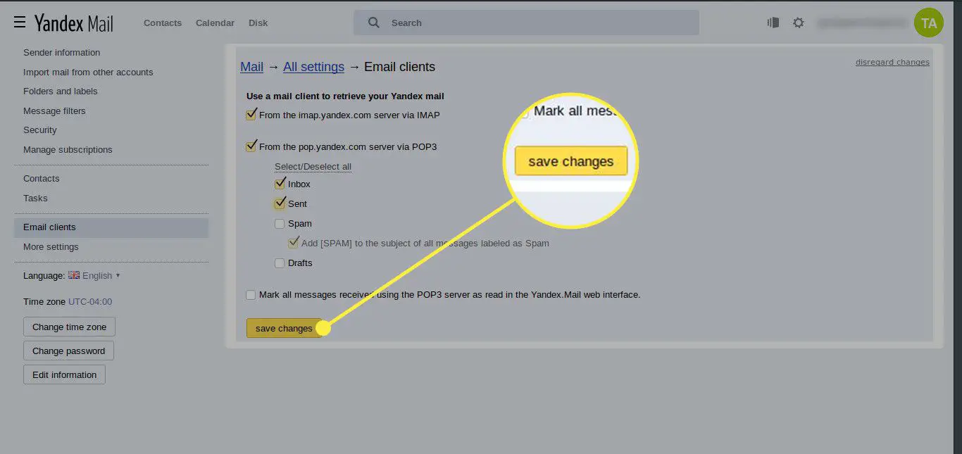 En skärmdump av Yandex Mail -inställningarna med knappen Spara ändringar markerad
